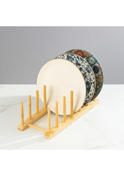 Bambu Tabaklık Kurutmalık Ahşap Tabak Düzenleyici Stand, Katlanabilir Bulaşıklık, Tabak Kapak Bardak Organizer Doğal Bambu -