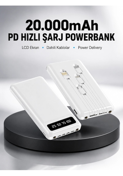 Mey İthalat Led Işıklı 20.000mah Powerbank Lcd Gösterge Dahili Çoklu Kablo Yeni Nesil Diğer
