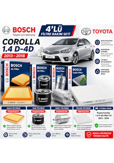 Toyota Corolla 1.4 D-4d 2013-2018 Bosch Filtre Bakım Seti Seçim - 4lü - Hava + Yağ F. + Yakıt + Polen Filtre Bosch 3166604 Toyota Corolla 1.4 D-4d 2013-2018 Bosch Filtre Bakım Seti Seçim - 4lü - Hava + Yağ F. + Yakıt + Polen Filtre Bosch 3166604