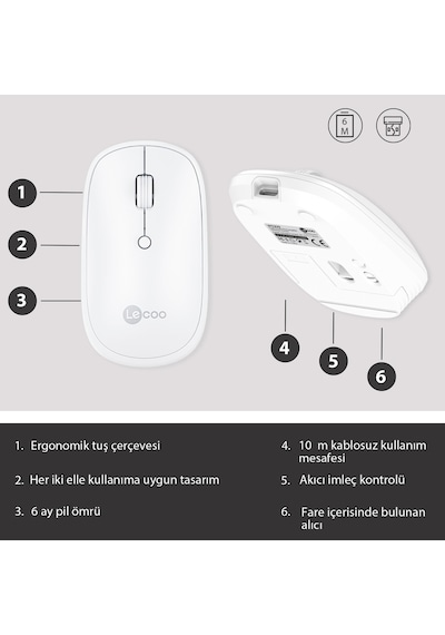 Lecoo WS209 Kablosuz 6 Tuşlu 1600DPI Çift Modlu Şarj Edilebilir Optik Mouse