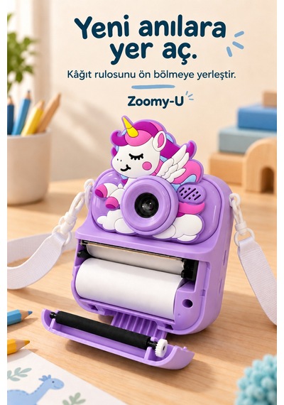 Kj/zm-004 Zoomy-u Unicorn Figürlü Anında Baskılı Çocuk Fotoğraf Makinesi, Çift Kamera, 2,4 İnç Ekran, 1080p Video, 3+ Yaş Mor