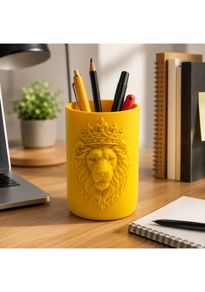 Aslan Figürlü Kalemlik Masaüstü Kalem Organizeri 10x6 Cm 3d Baskı Dekoratif Kalem Kutusu Ofis Ev Çalışma Masası Aksesuarı Sarı