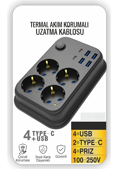Akım Korumalı 4 Lü Priz 2x Usb-c 4x Usb-a Şarj 2m Kablo Uzatma Çocuk Korumalı Çoklu Priz 2 M