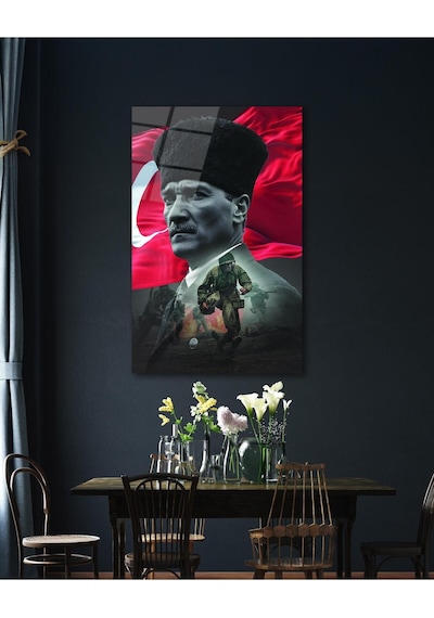 Atatürk Portre Ve Türk Bayrağı Cam Tablo Modern Ev Ofis Salon Hediyelik Büyük Tablo Duvar Dekoru44