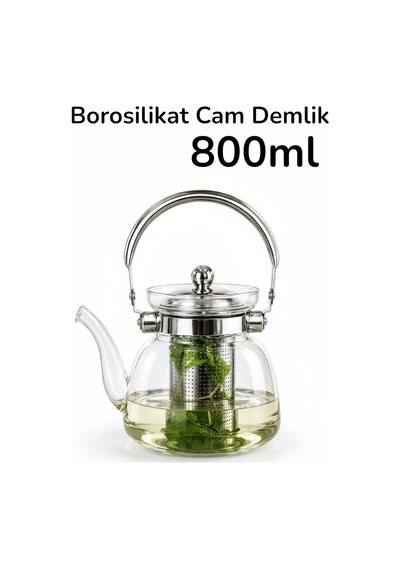 Borosilikat Cam Tek Demlik Bitki Demlik Süzgeçli 800ml Çelik Sap Şeffaf