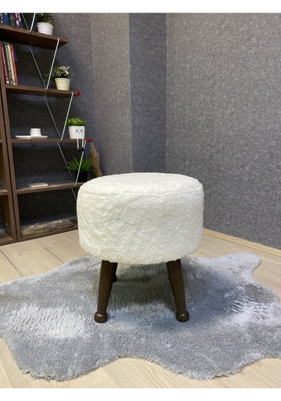 Asedia Miskin Ceviz Teddy Krem Ahşap Ayaklı Peluş Puf Makyaj Koltuğu Yuvarlak Tabure