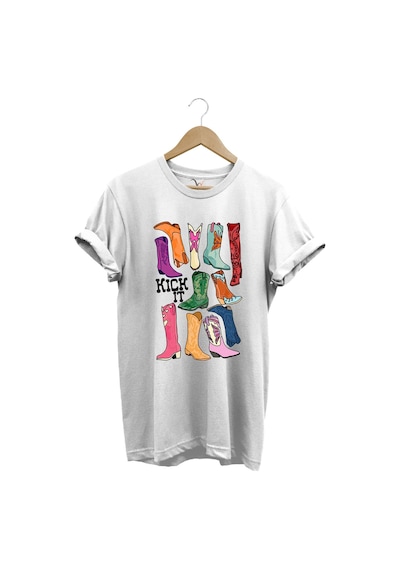 Unisex Cowgirl Kovboy Çizme Baskılı %100 Pamuk Regular Fit Bisiklet Yaka Beyaz T-shirt Beyaz