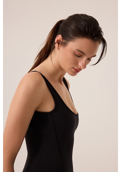 Los Ojos X Ece Siyah Kare Yaka Askılı Kısa Spor Tulum Unitard Siyah Siyah