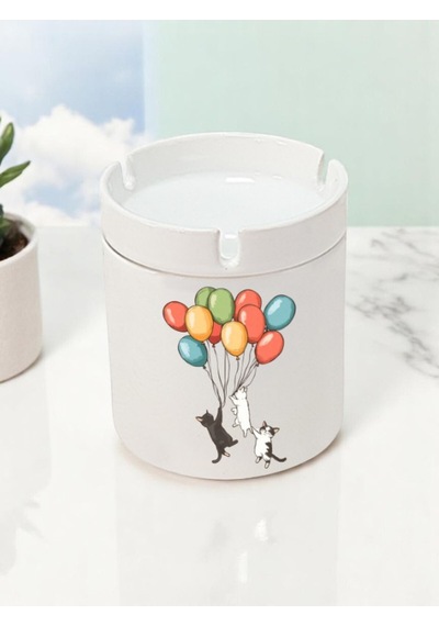 Balonlu Kedi Baskılı 3'lü Seramik Küllük Kül Tablası - Erkek Kadın Için Doğum Günü Hediyesi