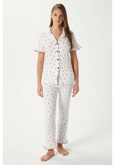 Ritnice Kadın Enda Fırfırlı Kiraz Desen Alt Üst Pijama Takımı Ekrukrımızı