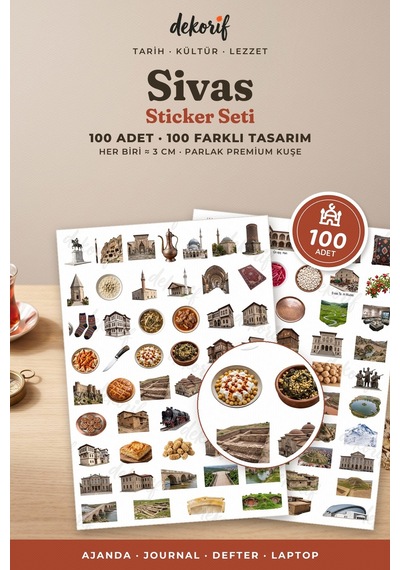 Sivas Sticker Seti 100 Adet - Çifte Minare Divriği Ulu Camii Köfte Gerçekçi Ajanda Journal Çıkartma Çok Renkli