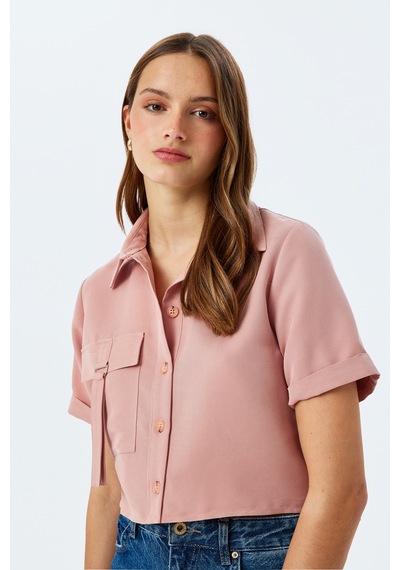 Koton Modal Kumaş Kısa Kollu Cep Detaylı Crop Gömlek Rose 5sak60261pw Pembe