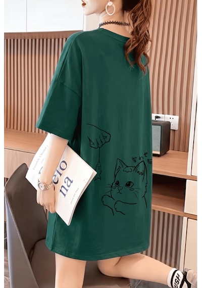 Fish And Cat Kadın Oversize Basic Bisiklet Yaka Pamuklu T-shirt Rahat Kesim Unisex Yesıl