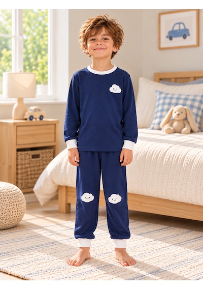 Luess Erkek Çocuk Lacivert Bulut Baskılı Uzun Kollu Süprem Pijama Takımı