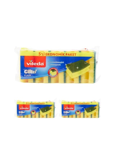 Vileda 141125 Oluklu Hijyenik Bulaşık Süngeri, Tırnak Koruyuculu, 5'li Ekonomik Paket, Yeşil 3lü Paket