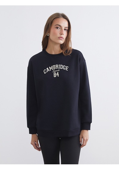 Lcw Comfort Siyah Cambridge Baskılı Oversize Kadın Sweatshirt