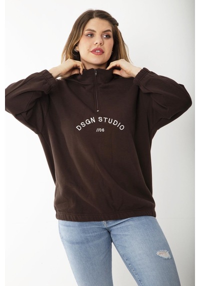 Şans Kadın Büyük Beden Kahve İçi Şardonlu Ön Pat Fermuarlı Nakışlı Sweatshirt 65n37202-kahve Kahverengi