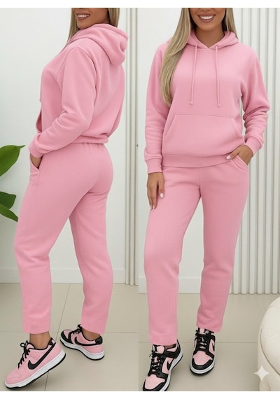 Ahes Shopping Kadın Uzun Kollu Kapşonlu Bağcıklı Üç Iplik Bluz Ve Pantolon Ikili Takım Pembe