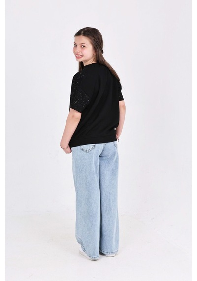 Modanino Kız Çocuk 2'li Jean Takım Pantolon+bluz 7-12 Yaş 12666 Siyah