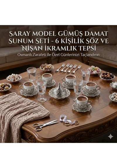 Osmanlı Saray Model Gümüş Damat Sunum Seti, 6 Kişilik, Söz Ve Nişan İkramlık, Osmanlı Tarzı Tepsi Dahil Değildir Çok Renkli