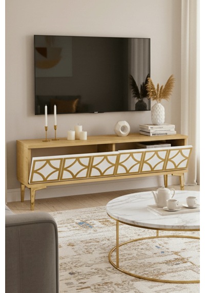 Tsa1237dbg - Lemtv120 Tv Stand, Tv Sehpası Safirmeşe - Beyaz - Gold 120cm Tsa1237dbg - Lemtv120 Tv Stand, Tv Sehpası Safirmeşe - Beyaz - Gold 120cm
