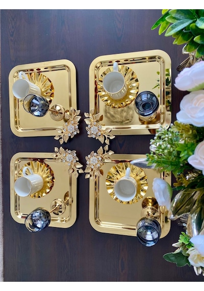 Atabey Home Collection 6'lı Kahve & Çay & Sunum Tepsisi Gold Lüx Kristalize Taşli Model