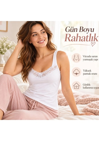 Womanandkids Night Beyaz Kadın Dantelli Kalın Askılı Atlet