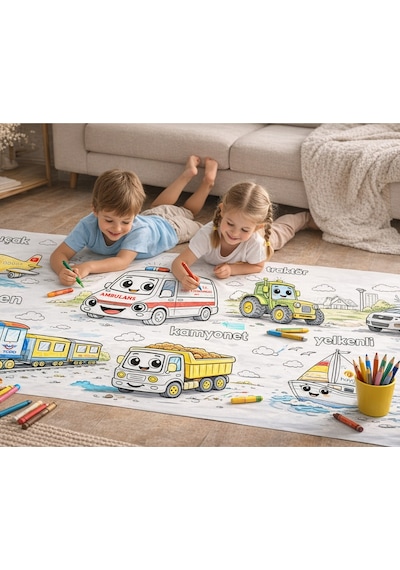 Sevimli Araçlar Boyama Rulosu 4 Metre Uzunluk 45 Cm Genişlik Dev Boyama Kağıdı Çocuklar Için Aktivite Rulosu