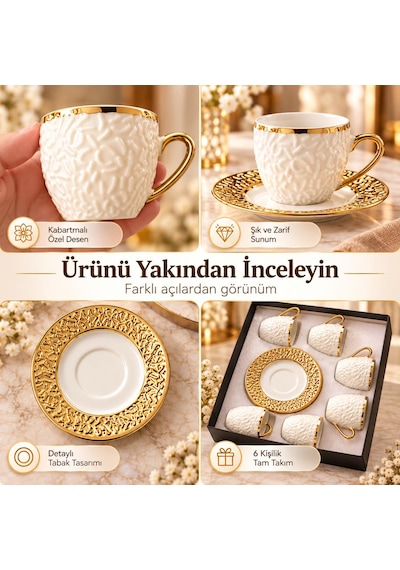 Valkyrie Şehrazat Serisi 6 Kişilik 12 Parça Kahve Fincan Takımı Kabartmalı Desenli, Altın Detaylı Beyaz Altın