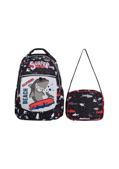 İlkokul Okul Sırt Çantası Kız Erkek Unisex Beslenme Çantalı Ortopedik 2li Set Köpek Balığı Siyah
