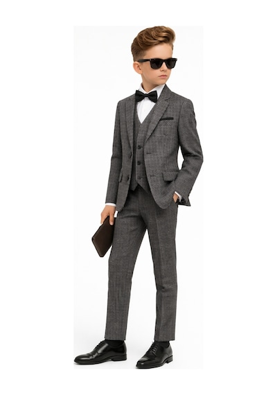 Ahengim Erkek Çocuk Slim Fit Dokulu Çizgili Klasik Takım Elbise Ak197-198 Gri