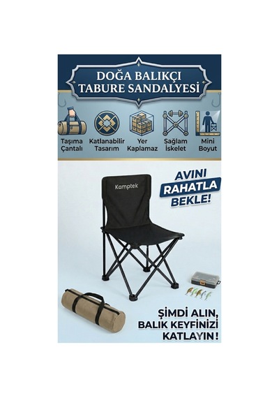 Kamptek Doğa Ve Balıkçı Sandalyesi - Yer Kaplamaz Mini Boy Tabure Telefon Koyma Cepli Sağlam Balıkçı Sandalye Tabure Siyah