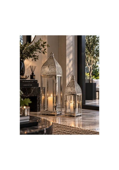 Sleep Nova Gümüş Metal Camlı Dekoratif Fener 2 Li Set