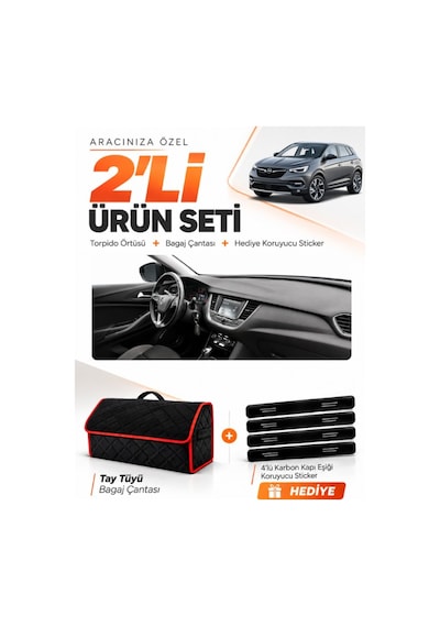 Opel Grandland X 2017-2020 Uyumlu Torpido Örtüsü + Tay Tüyü Çanta + Sticker - Siyah Kırmızı