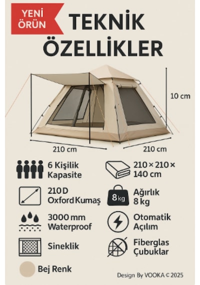 6 Kişilik Otomatik Kamp Çadırı Sineklikli & 3000 Mm Su Geçirmez Outdoor Çadır Bej