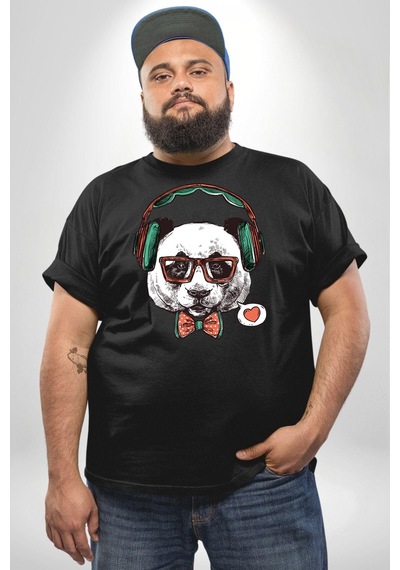 Angemiel Kulaklıklı Hipster Portre Panda Siyah Büyük Beden Erkek Kadın Unisex Basic Ön Baskılı Tişört Siyah