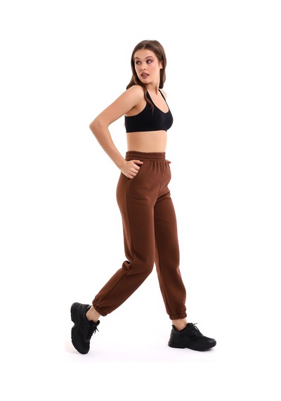 Winmoda34 Kadın Üç İplik İçi Şardonlu Polarlı Eşofman Altı Jogger Rahat Kalıp kahve