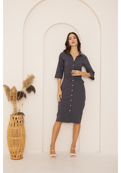 Darlin Moda Antrasit Kısa Kollu Büzgülü Gömlek Elbise Dm1039 Antrasit