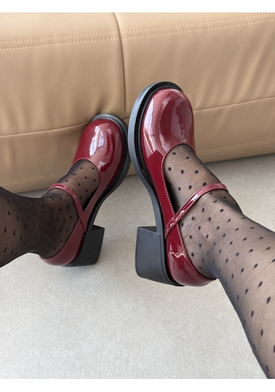 Selin Shoes Nora Kısa Topuklu Bilek Detaylı Gold Aksesuarlı Kadın Loafer- Bordo Rugan