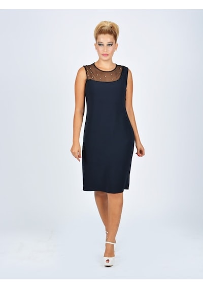 Nidya Moda Büyük Beden Tül Kombinli Elbise-4011L Çok Renkli