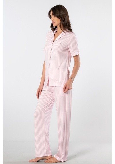 Türen Çizgili Kısa Kollu Gömlek Yaka Pijama Takımı Pembe