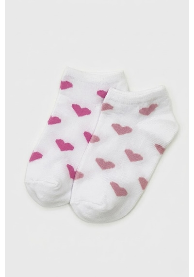 Cocole Socks Kız Bebek Patik Çorabı 2 Li Set Pamuklu Beyaz Zemin Üzeri Fuşya & Gül Kurusu Kalp Desen Çok Renkli