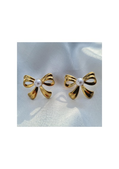 Luxe Pearl Bow Küpe Altın