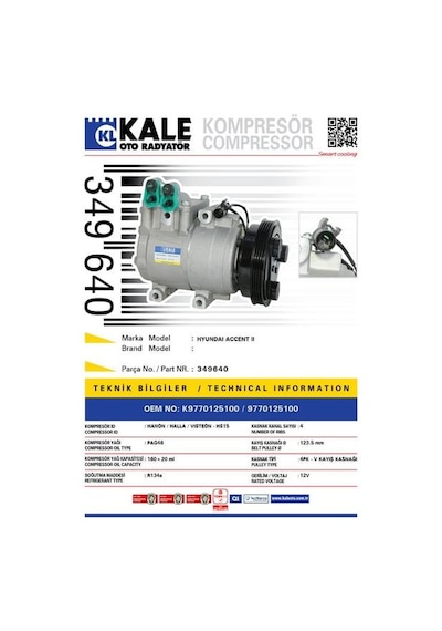 KALE OTO Radyatör 349640 Klima Kompresörü Accent II-1.5-1.6