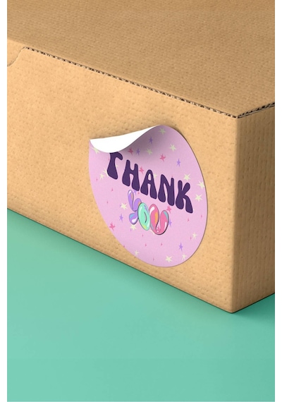 Mor Retro Thank You Hediye Kargo Paketleme Sticker 3x3cm St2115 Çok Renkli