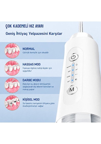 Ağız Duşu Şarjlı 320 Ml Su Hazneli 4 Modlu Su Geçirmez Taşınabilir Oral Irrigator 5 Başlıklı Derin Temizlik Type-c