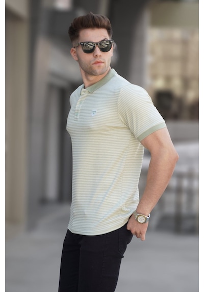 Madmext Mint Yeşili Çizgili Polo Yaka Tişört 5881-mint Yeşili Mint