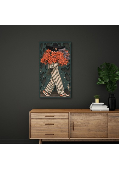 Çiçek Kucaklayan Şapkalı Kadın - Metal Tablo - Dec0388 71 X 125 Cm Çok Renkli