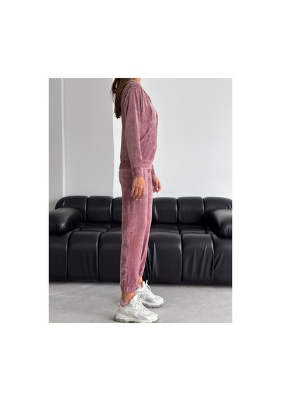 Gugus Kadın Fransız Kadife Fermuarlı Kapüşonlu Alt/üst Takım Koyu-pembe