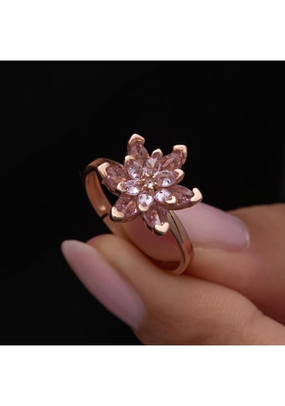 Pembe Lotus Çiçeği Rose Gümüş Kadın Yüzük